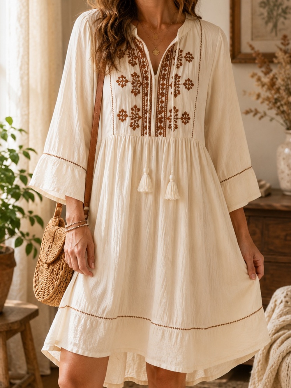Knox Rose NWT Embroidered Boho Peasant Tunic Dress Cream Small